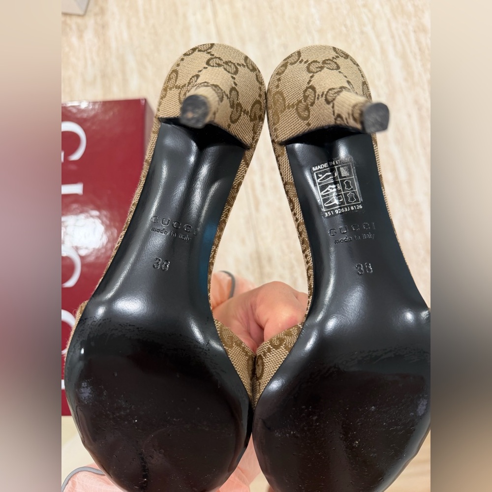 Gucci Tan GG Canvas Horsebit Mule Heels - Picture 4 of 5